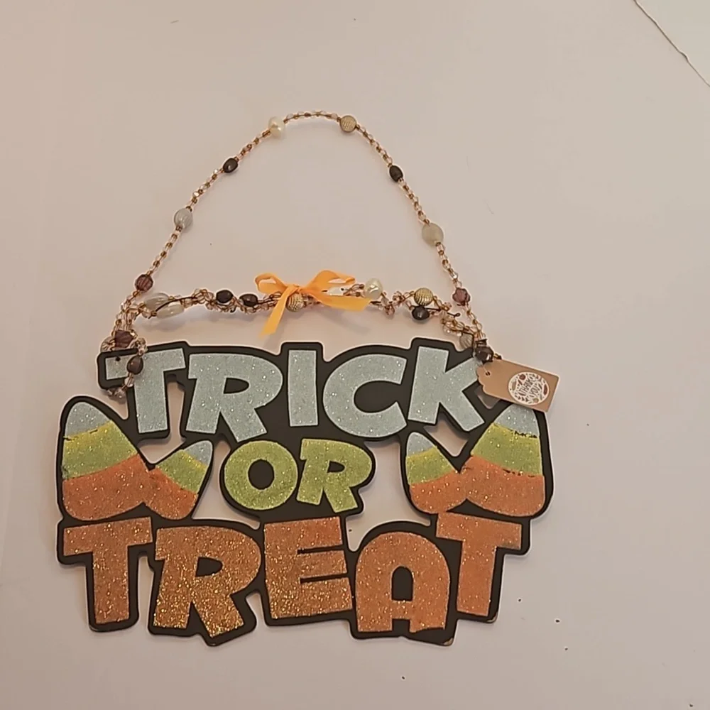 Hand Crafted trick or treat glitter Halloween sign wooden wall decor beaded